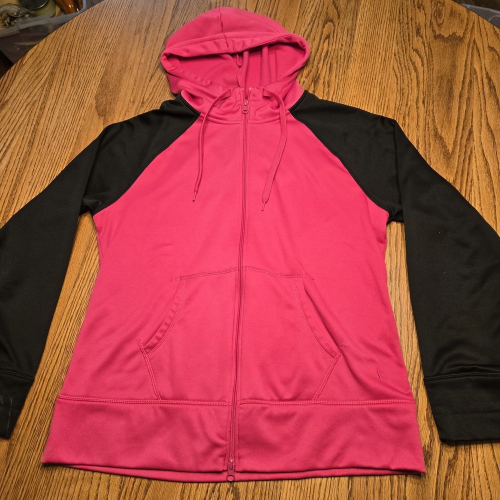 Womens Size Large Danskin Now Full Zip Hoodie 100% Polyester Pink/Black EUC